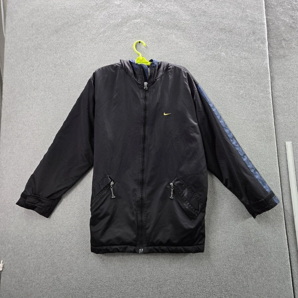 VINTAGE Nike Women Jacket XL Black Nylon Rain Coat Longline Hooded Y2K READ